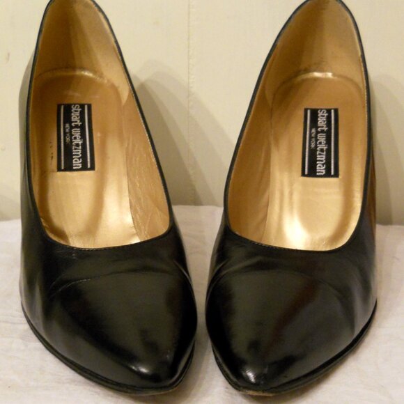 STUART WEITZMAN Black LEATHER Pumps 9 AAA VTG Hexagon High Heel Stiletto Shoes - Picture 9 of 14